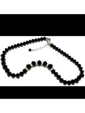 Vintage Jewelry Necklace SIGNED 2028 Black Bead Glass Diamond Cut Rhinestone